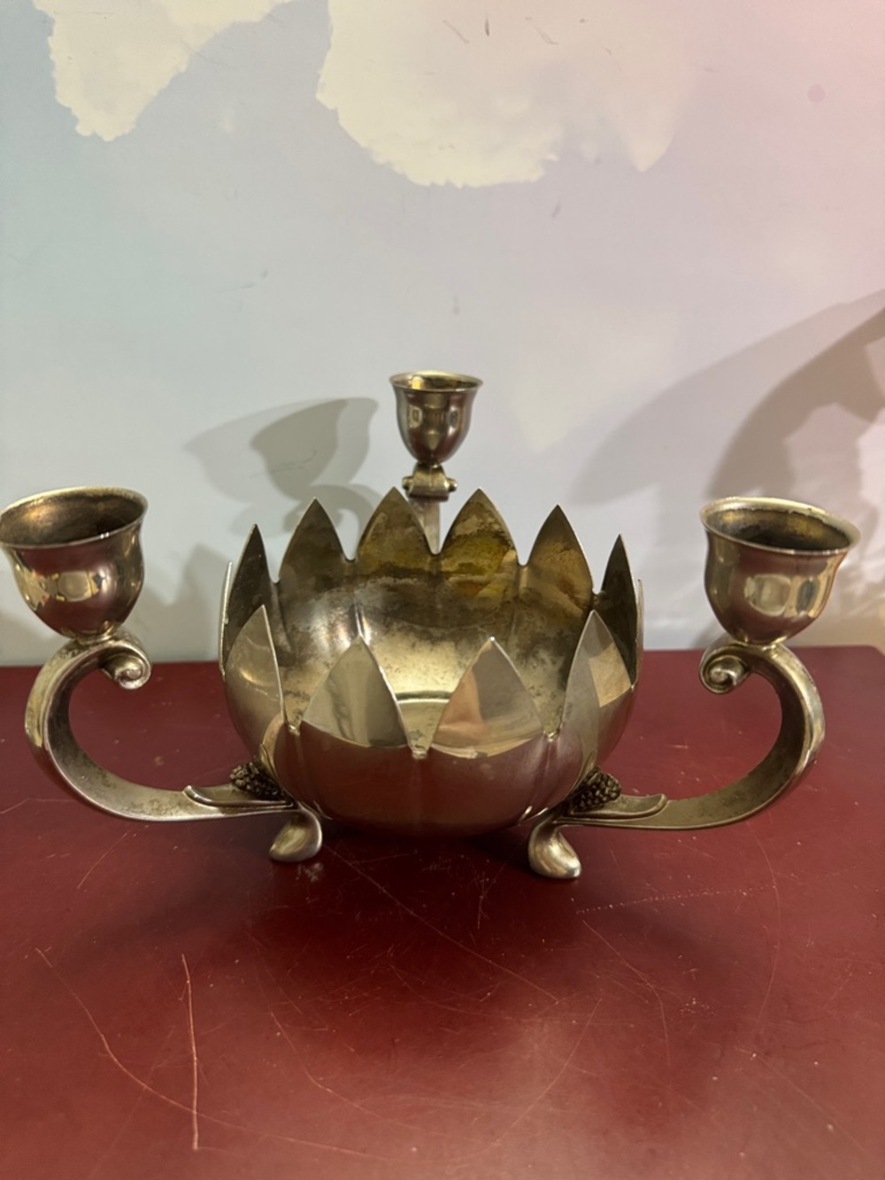 Vintage Lotus Bowl  Candle Holder/Floral Frog Triple Footed